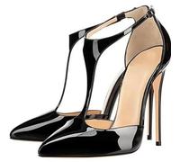 Eleganti Scarpe con Tacco Alto e Cinturino a T da Donna alla Moda Chiuse con Cinturino alla Caviglia Sexy con Tacco a Spillo per Abiti da Ballo da Sposa e da Festa,Nero,38 EU