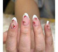 Eleganti stili francesi unghie artificiali corte premere sulle unghie con disegni di frutta unghie finte acriliche mandorle per le donne 24 pz