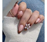 Eleganti unghie finte francesi con stampa floreale marrone punta francese comoda da indossare per feste autunnali invernali e uso quotidiano ufficio signora premere sulle unghie