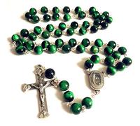 elegantmedical Collana cattolica fatta a mano con perle di occhio di tigre verde, 10 mm, rosario con croce e medaglia d'acqua di Lourdes