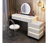 ElegantWhiteVanityDeskwithLightedMirrorCassetti e sgabelloRegolabile3ColoreMakeupTablewithSideCabinet(120cm) EleganteMakeupStationforCasa