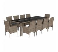 Eleganz 11-TLG. Gruppo da giardino con cuscino, grigio - rattan sintetico, acciaio verniciato a polvere, vetro temperato, durevole e resistente alle intemperie, per terrazza e giardino