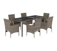 Eleganz 7-TLG. Gruppo da giardino grigio in rattan PE con cuscino, acciaio verniciato a polvere e vetro temperato, perfetto per terrazza e giardino