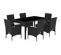 Eleganz 7-TLG. Gruppo da giardino in rattan PE nero con cuscino, acciaio verniciato a polvere e vetro temperato, durevole e resistente alle intemperie, per terrazza e giardino