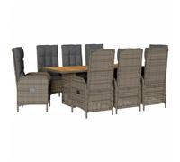 Eleganz 9 pezzi Set da pranzo da giardino con cuscino grigio in rattan PE, acciaio verniciato a polvere e legno di acacia massiccio, durevole ed elegante per il vostro esterno
