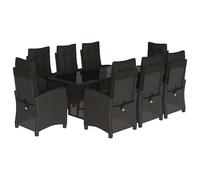 Eleganz 9-TLG. Gruppo da giardino con cuscino in rattan PE nero, acciaio verniciato a polvere e vetro temperato, durevole ed elegante per terrazza e giardino