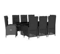 Eleganz 9-TLG. Gruppo da giardino con cuscino in rattan PE nero, acciaio verniciato a polvere e vetro temperato, durevole ed elegante per terrazza e giardino