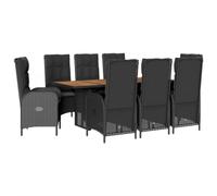 Eleganz 9-TLG. Gruppo da giardino in rattan PE nero con cuscino, acciaio verniciato a polvere e legno di acacia massiccio, durevole ed elegante per terrazza e giardino