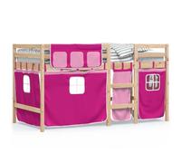 Eleganz Lettino a soppalco con tende rosa 90 x 200 cm in legno massello di pino - Elegante e sicuro letto a soppalco per cameretta dei bambini con privacy e parco giochi sotto il letto