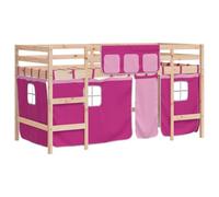 Eleganz Lettino a soppalco per bambini con tende rosa, 90 x 200 cm, in legno massello di pino - Elegante e salvaspazio, per la cameretta dei bambini, sicuro e durevole