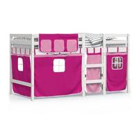Eleganz Lettino a soppalco per bambini con tende rosa 90 x 200 cm in legno massello di pino - Elegante e sicuro letto a soppalco per la cameretta dei bambini con spazio
