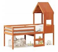 Eleganz Letto a soppalco con tetto in legno massello di pino 90 x 190 cm | Lettino per camera dei bambini con spazio salvaspazio, effetto cerato naturale per un ambiente accogliente
