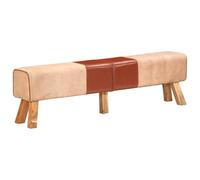 Eleganz Panchina da ginnastica in vera pelle e tela, colore marrone, 160 cm, in legno di acacia massiccio con finitura naturale, perfetta per soggiorno e giardino