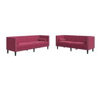 Eleganz Set di 2 divani Chesterfield con cuscini per il collo - Futon per soggiorno, velluto rosso, design di lusso, confortevole e durevole, perfetto per piccoli spazi
