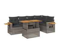 Eleganz Set di 6 divani da giardino grigio polyrattan con cuscino, resistente alle intemperie, per terrazza e balcone, struttura in legno di acacia