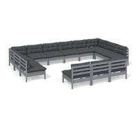 Eleganz Set lounge da giardino in legno di pino massello con cuscino, 13 pezzi, grigio, durevole e resistente alle intemperie, per terrazza o balcone