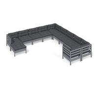 Eleganz Set lounge da giardino in legno di pino massiccio con cuscino, 11 LG., grigio, 100% poliestere, durevole e facile da pulire, perfetto per terrazza e giardino