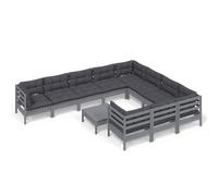 Eleganz Set lounge da giardino in legno di pino massiccio con cuscino, 11 LG., grigio, 100% poliestere, resistente ed elegante, per terrazza e giardino