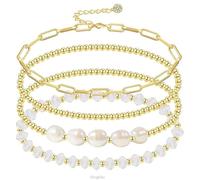 ElegGlo Set di braccialetti da donna in oro con perle di cristallo e perline in oro 14 carati, braccialetto con puntale a clip, braccialetti a catena per donne