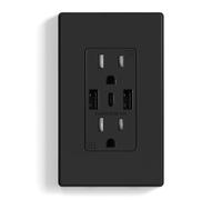 ELEGRP Prese a muro USB, prese a muro USB C a 3 porte, prese a muro nero opaco da 15 Amp con porte USB, prese USB TR antimanomissione, piastra a parete senza viti inclusa, UL e CUL Listed, 1