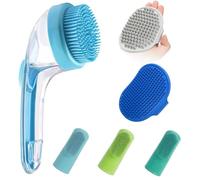 ELEGX Spazzola massaggiante per la toelettatura degli animali domestici, con dispenser di sapone e shampoo, setole in silicone morbido, per cani a pelo lungo e corto e doccia (grigio+blu+spazzola