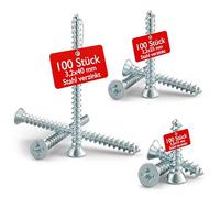 Elektro Butler Viti per apparecchi a incasso, prese cave e prese, viti a testa svasata a croce, filettatura autofilettante, in acciaio zincato Ø 3,2 mm (sacchetto da 100 pezzi - 15, 25, 40 mm)