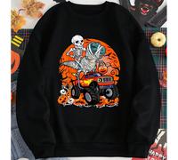 Elementi di Halloween, sfondo al crepuscolo, scheletro che cavalca una mummia di dinosauro seduta su un fuoristrada, stampa con motivo, felpa con spalle scese per ragazzi/ragazze, oversize, casual, ve