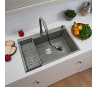 Elementi essenziali per la cucina moderna | Sistema lavello a vasca singola in acciaio inossidabile grigio scuro 80×50 cm | rubinetto estraibile + scarico a X