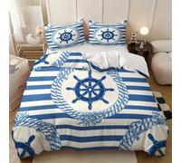 Elementi Nautici Timone Della Nave Set di Biancheria da Letto 3D 135x200 cm, 1 Copripiumino in Microfibra Morbida e Traspirante e 2 Federe, Strisce Blu E Bianche Set Copripiumini 3 pezzi con Cerniera