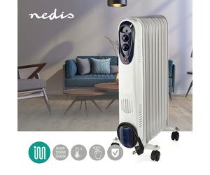 Elemento riscaldante mobile riscaldamento a gasolio Riscaldatore radiatore con rulli, termostato di sicurezza, bianco, 3 livelli 800/1200/2000 watt, LxAxP 24x62x39 cm, Nedis HTOI30WT9
