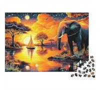 Elephant Herd Puzzle da 1000 Pezzi per Adulti e Famiglia Elefante Lago Barca a Vela Savana Illuminata dalla Luna Premium Spesso Robusto Alta Qualità Sfidante Antistress Gioco 38x26cm/1000pcs