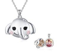 Elephant Locket Necklace that Hold 2 Photos Sterling Silver Round Shape Memory Picture Pendant Necklace Cute Lucky Animal Family Jewelry Birthday Gift for Women Girl Friend