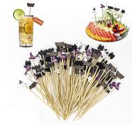 Elepl 100 Pezzi Halloween Bastoncino da Cocktail 12cm Decorazioni per Cocktail Bastoncino di Frutta Feste Dessert Insalata Fantasma Pipistrello Ragno Cappello Fantasma Placca Stecchini Legno Cocktail