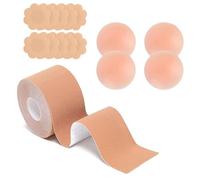 Elepl Boob Tape Reggiseno Adesivo 5 Metri + 5 Paia Raso Coppe Adesive+ 2 Paia Copricapezzoli in Silicone Invisibile Seno Reggiseno Invisibile Copri Capezzolo Seno Reggiseno Adesivo per Tazze A-E
