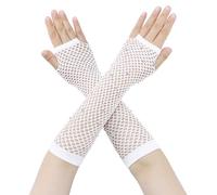 Elerevyo Guanti lunghi in rete elastica da donna con strass, stile anni '80, maniche a rete per cosplay, per costumi da ballo per feste di Halloween da donna Bianca Lunghezza:25.5-47cm/10.04-18.5"