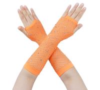 Elerevyo Guanti lunghi in rete elastica da donna con strass, stile anni '80, maniche a rete per cosplay, per costumi da ballo per feste di Halloween da donna Arancia Lunghezza:25.5-47cm/10.04-18.5"