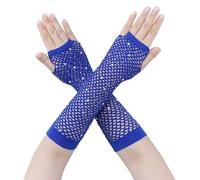 Elerevyo Guanti lunghi in rete elastica da donna con strass, stile anni '80, maniche a rete per cosplay, per costumi da ballo per feste di Halloween da donna Blu Lunghezza:25.5-47cm/10.04-18.5"