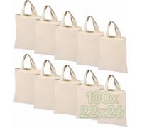 ELES VIDA Borsa in cotone non stampato, con due manici lunghi, Oeko-Tex®, borsa per il trasporto, sacchetto di cotone, borsa per la spesa, sacchetto di iuta, naturale, 22 x 26 cm, 100 Taschen, Minimal