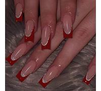 Eleva il tuo senso della moda con questi 24 adesivi per unghie a forma di bara lunga rossa stile francese! Stile minimalista. Il set include 1 pezzo di colla gel e 1 pezzo di lima per unghie. ABS,Gela