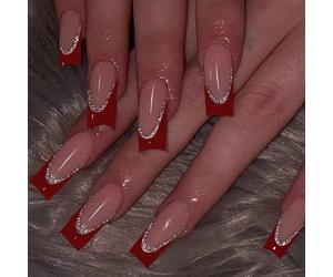 Eleva il tuo senso della moda con questi 24 adesivi per unghie a forma di bara lunga rossa stile francese! Stile minimalista. Il set include 1 pezzo di colla gel e 1 pezzo di lima per unghie. ABS,Gela