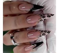 Eleva il tuo stile con 24 pezzi di unghie finte vintage, semplici e personalizzate, con stampa leopardata, colori uniti, glitter dorati e forma a stiletto lungo, adatte per ragazze e donne con persona