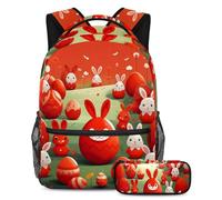 Eleva il tuo stile scolastico, zaino con astuccio, perfetto per ragazzi, ragazze e adolescenti, uovo rosso coniglietto pasquale, Multicolore, B：29.4x20x40cm P：19x7.5x3.8cm, Zaini Daypack
