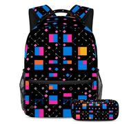Elevate il loro stile di ritorno a scuola, set di 2 zaini per bambini, zaino e astuccio, motivo geometrico quadrato, Multicolore, B:29.4x20x40cm P:19x7.5x3.8cm, Zaini Daypack