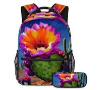 Elevate Your School Game, zaino con astuccio, grazioso set di zaini per la scuola per ragazzi ragazze adolescenti, fiori di cactus viola, Multicolore, B：29.4x20x40cm P：19x7.5x3.8cm, Zaini Daypack