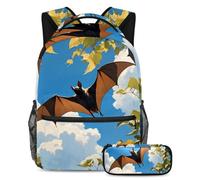 Elevate Your School Game, zaino con astuccio, grazioso set di zaini per la scuola per ragazzi ragazze adolescenti, pipistrello carino, Multicolore, B：29.4x20x40cm P：19x7.5x3.8cm, Zaini Daypack