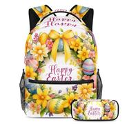 Elevate Your School Game, zaino con astuccio, il set definitivo per ragazzi, ragazze e adolescenti, ghirlanda gialla Happy Easter, Multicolore, B:29.4x20x40cm P:19x7.5x3.8cm, Zaini Daypack
