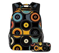 Elevate Your School Game, zaino con astuccio, il set definitivo per ragazzi, ragazze e adolescenti, motivo dischi neri, Multicolore, B：29.4x20x40cm P：19x7.5x3.8cm, Zaini Daypack