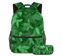 Elevate Your School Game, zaino con astuccio, il set definitivo per ragazzi, ragazze e adolescenti, motivo foglie verdi, Multicolore, B：29.4x20x40cm P：19x7.5x3.8cm, Zaini Daypack