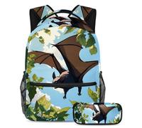 Elevate Your School Game, zaino con astuccio, il set definitivo per ragazzi, ragazze e adolescenti, pipistrello carino, Multicolore, B：29.4x20x40cm P：19x7.5x3.8cm, Zaini Daypack