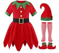 Elfo di Natale Costume Da Bambini Vestiti da Elfo Natalizi Capodanno Set Completo Cappello Calze Scarpe Cintura Costume Bimbo per Natale Piccolo Aiutante di Babbo Kit Vestito Natalizia Bambino Verde
